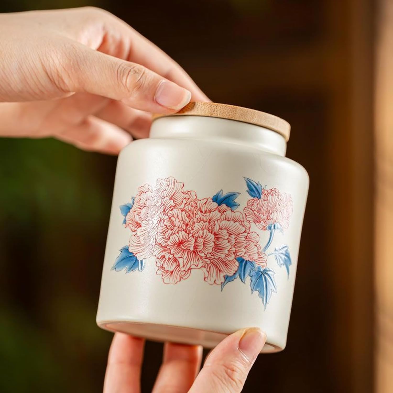 Ru Kiln Hand-drawn Ceramics Tea Canister, 300ml 10.2oz, Portable Travel Storage Jar Household Sealed Jar