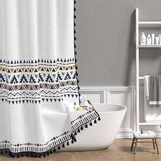 AOFOTO White Boho Shower Curtain with Black Tassel Chic Triangle and Geometric Waterproof Shower Curtain Modern Minimalist Bath Curtain Family Bathtub Bathroom Home Decor with Hooks 72x72 Inch