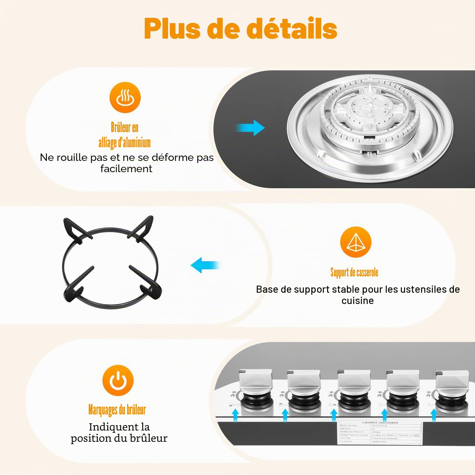 Plaque de cuisson à gaz 5 foyers avec surface en verre, plaque de cuisson à gaz en verre 5 zones - Pour gaz naturel ou GPL, 63% d'efficacité thermique, encastrable ou indépendante