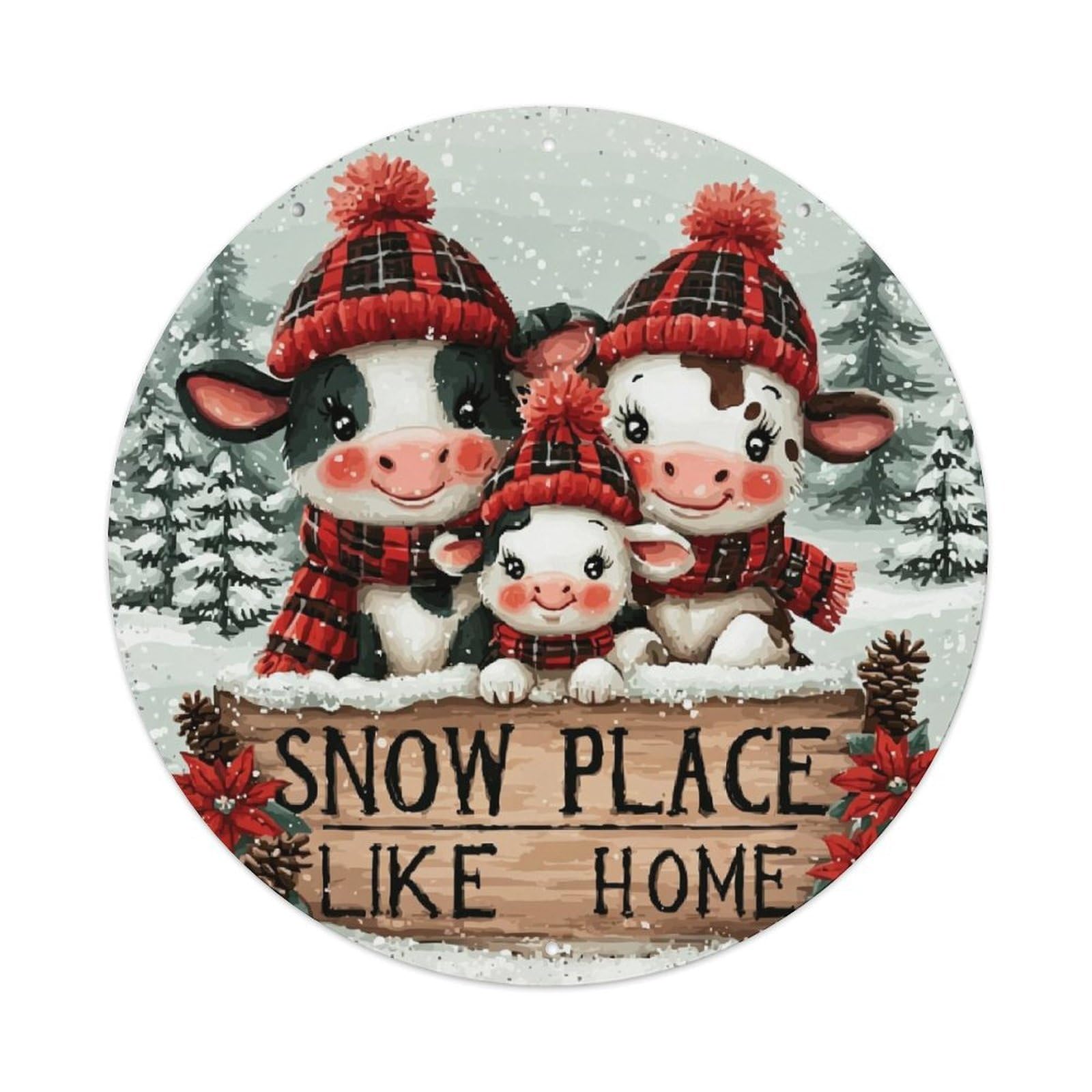 Snow Place Like Home Cows Retro Metal Sign Round Tin Sign, Vintage Decor Art Poster for Bar, Home, Man Cave, Kitchen, Laundry Room Gift 8x8Inch