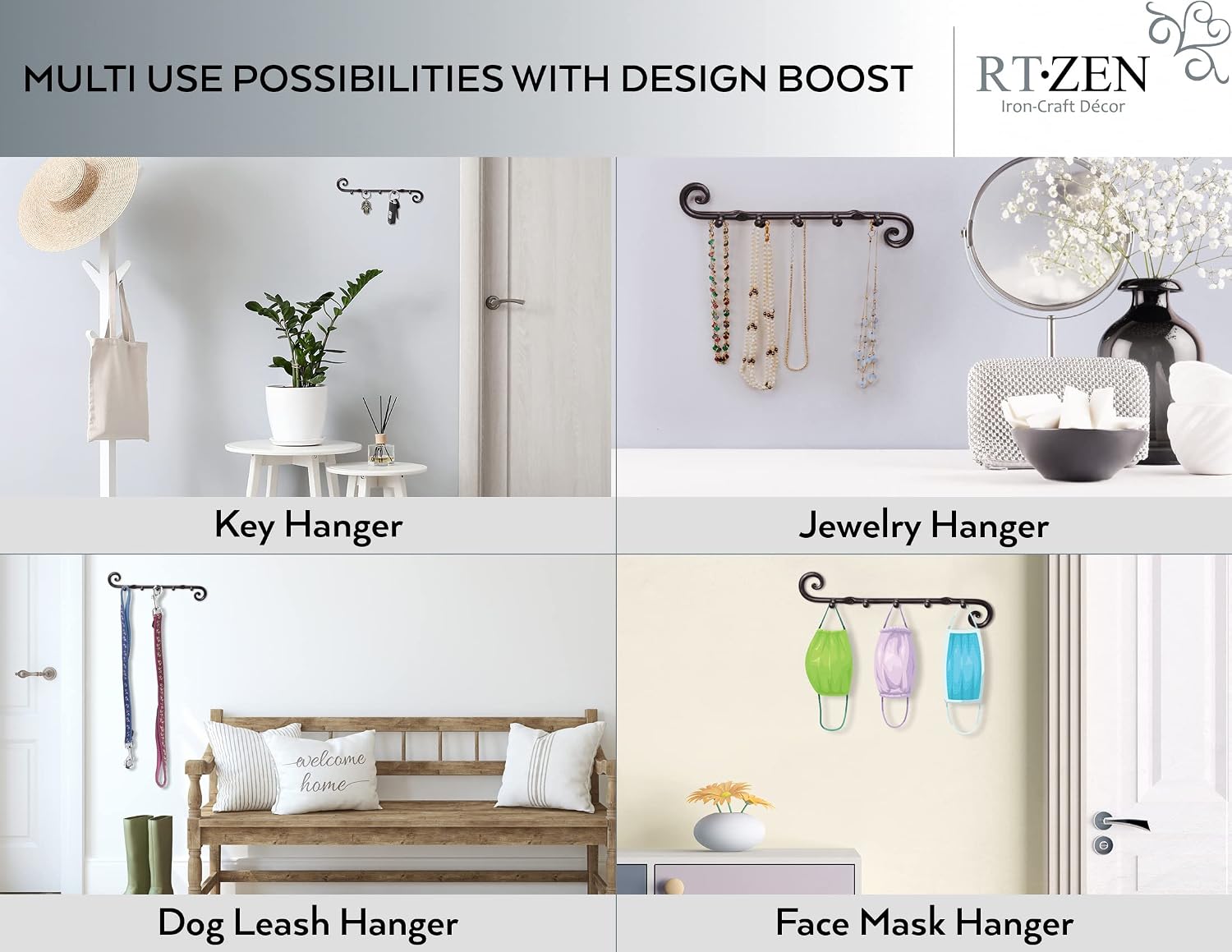 RTZEN Farmhouse Small Key Holder for Wall - Handcrafted Swirl Decorative 5 Key Hooks for Home Entryway - Wrought Iron Wall Mount Rack Purse Coat and Leash Holder or Organizer (Classic Black)