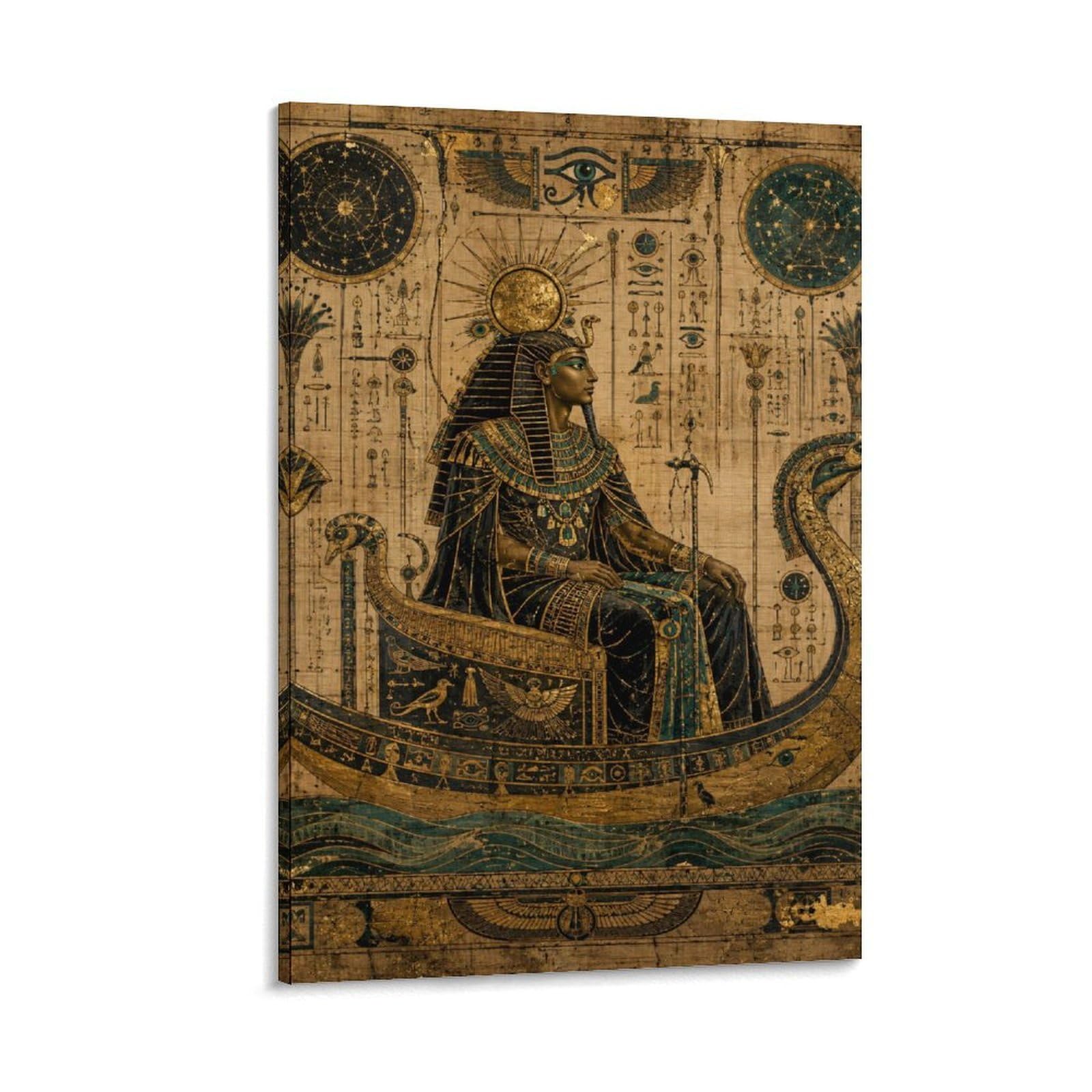 H3B8U2Y5 Egyptian Pharaoh Boat Canvas Wall Art, Hieroglyphic Symbol Decor