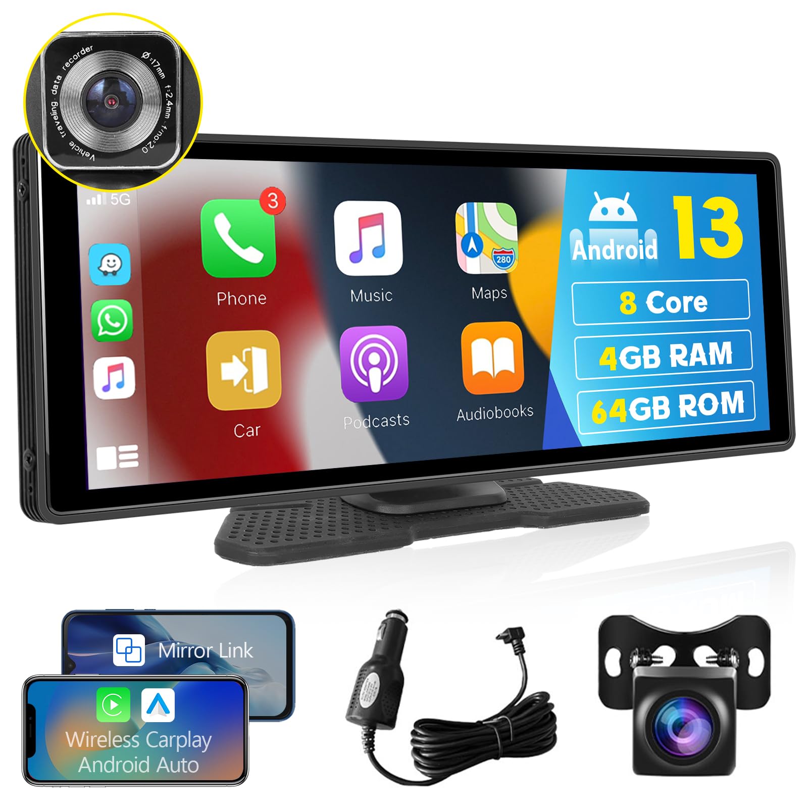 Hodozzy Android 4G 64G 8-Core sans Fil CarPlay Moniteur Android Auto Écran Voiture GPS Dash Cam Avant et Arrière Portable Autoradio Bluetooth 10,26 Pouces Écran Tactile Lien Miroir WiFi FM AUX