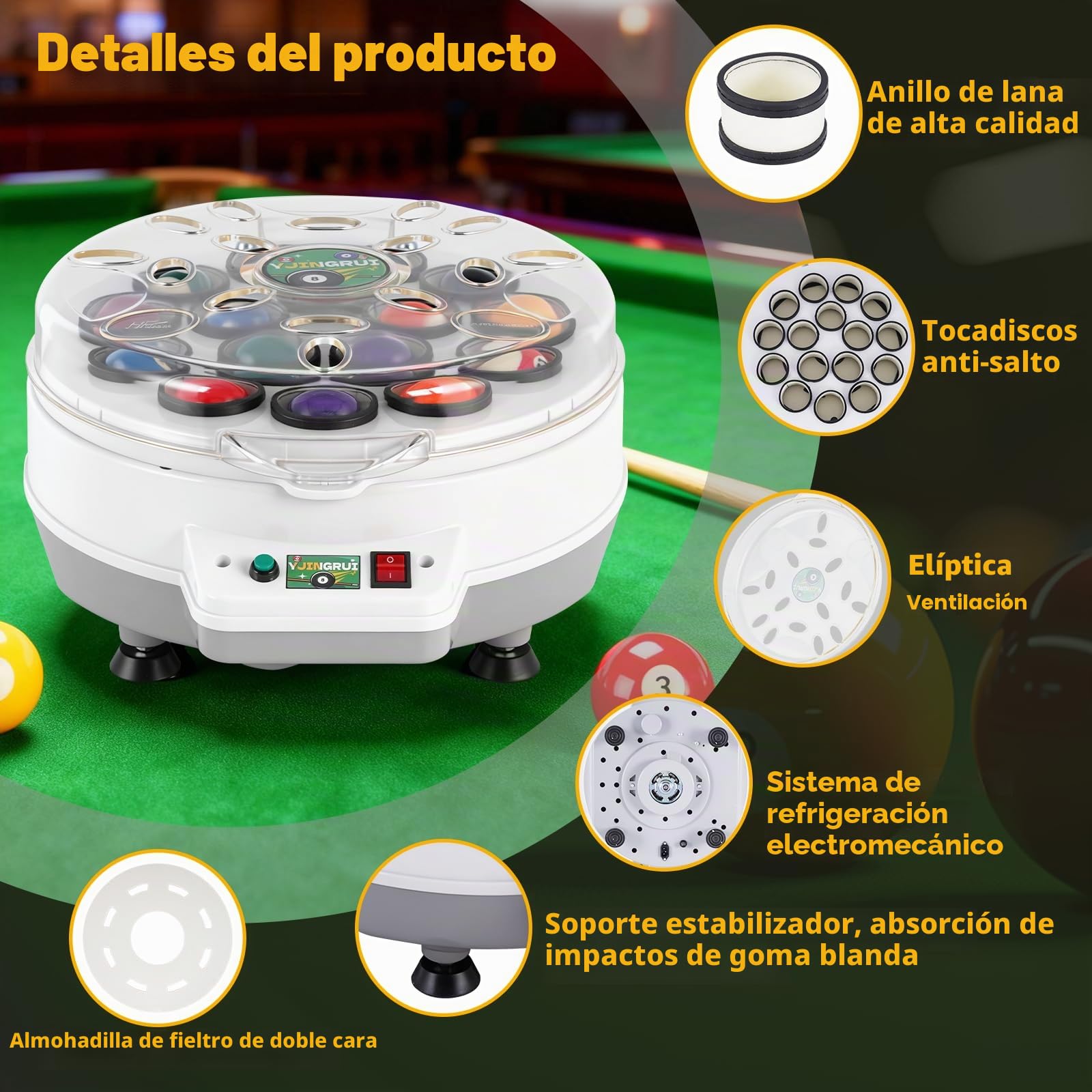 YJINGRUI Limpiador automático de bolas de billar, 16 bolas de piscina, pulidora, máquina de limpieza de bolas de billar, con llave y cepillo para bolas de billar de 57,2 mm