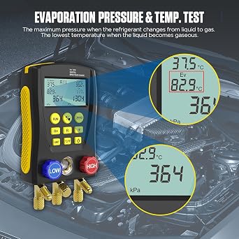 QPKING Refrigeration Digital Manifold Gauge Meter HVAC Vacuum Pressure Temperature Tester Leakage Test LM120 Digital Manifold Pressure Tester with 3 Hoses Built-in 89 Database1