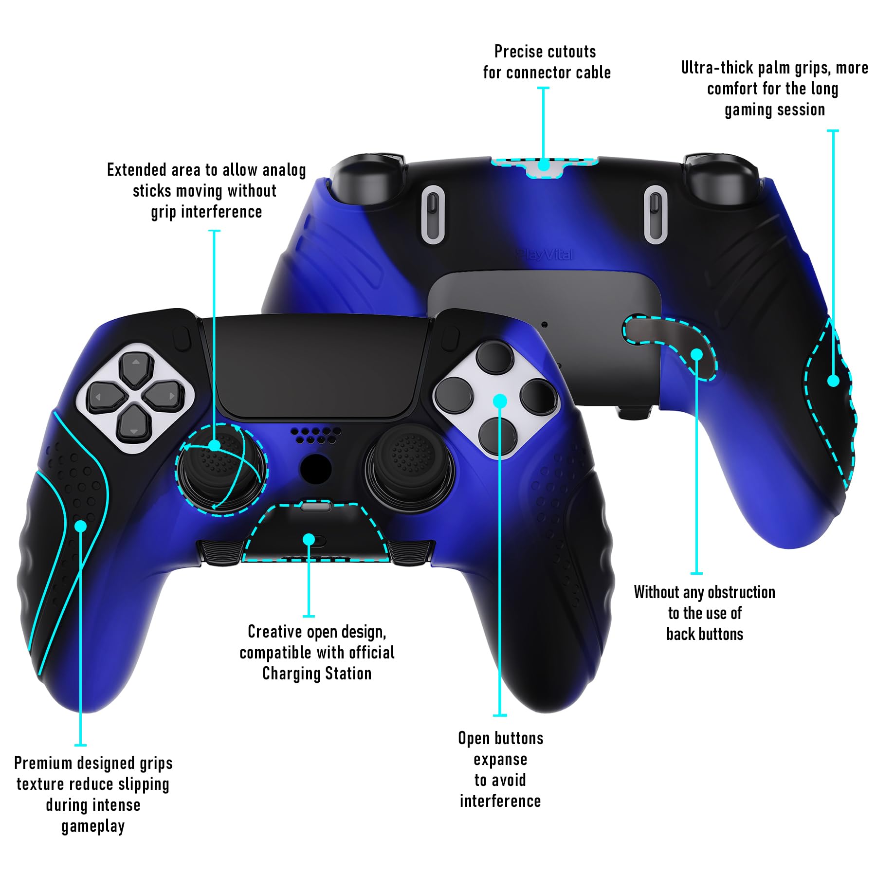 PlayVital Skórki do PS5 Edge, Miękkie Silikonowe Ergonomiczne Ochronne, Nakładki Kciuki - Niebieski & Czarny (Guardian Edition)