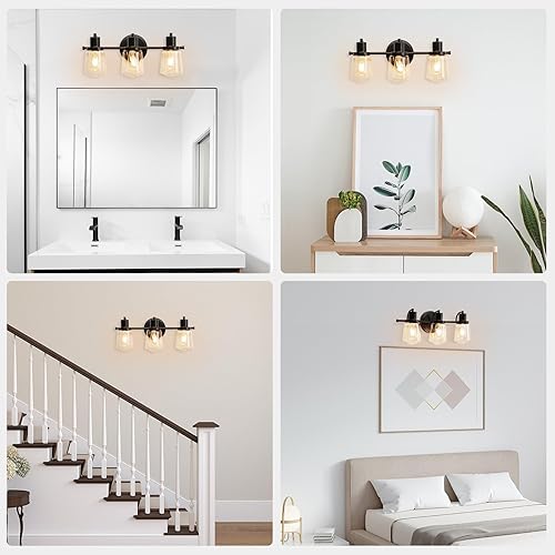 Miniatura 7 de JolyWell Lámparas de baño de 3 luces, lámpara de tocador de 3 luces con pantalla de vidrio transparente, luz de baño regulable sobre espejo para