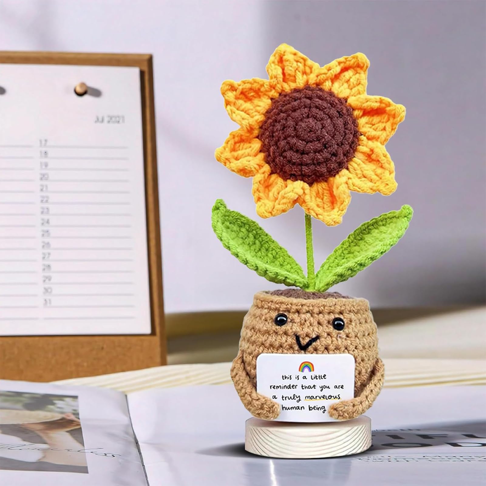 Positive Sunflower Crochet Potted Flowers, Emotional Support Plant with Encourage Card - Image 3