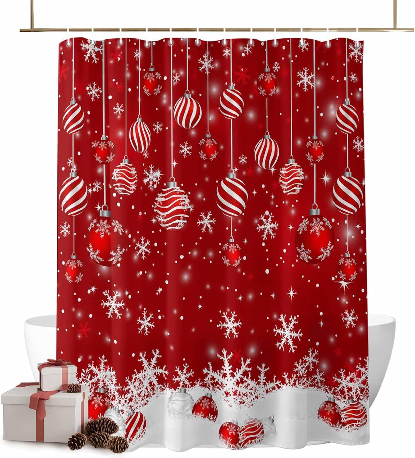 Christmas Shower Curtain Winter Snowflake Xmas Shower Curtains with 12 Hooks Waterproof Red Xmas Balls Bath Curtain for Bathtub, Bathroom Decor Lightweight Red Fabric Shower Curtain Set 72x84 Inch