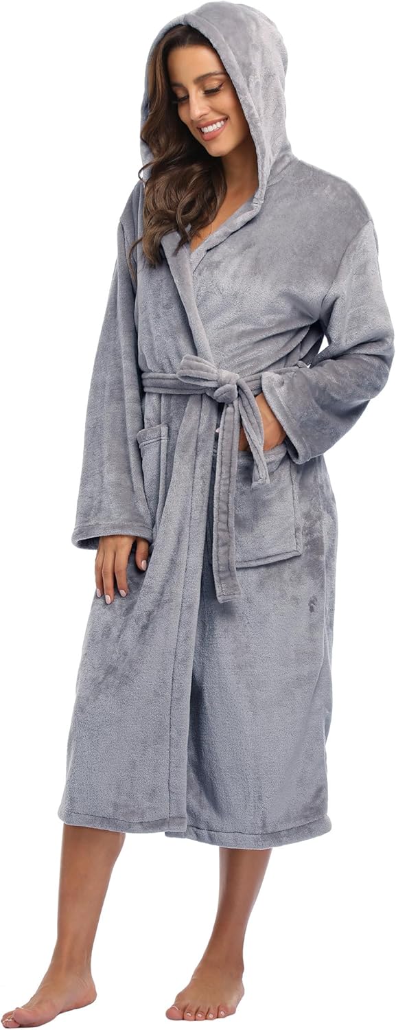 Super Shopping-zone Women's Plush Hooded Bathrobe Winter Warm Robes Soft Fleece Long Robe Luxury Dressing Gown - Image 3