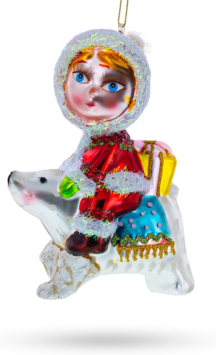 Girl Riding a Polar Bear Hand Glass Christmas Ornament