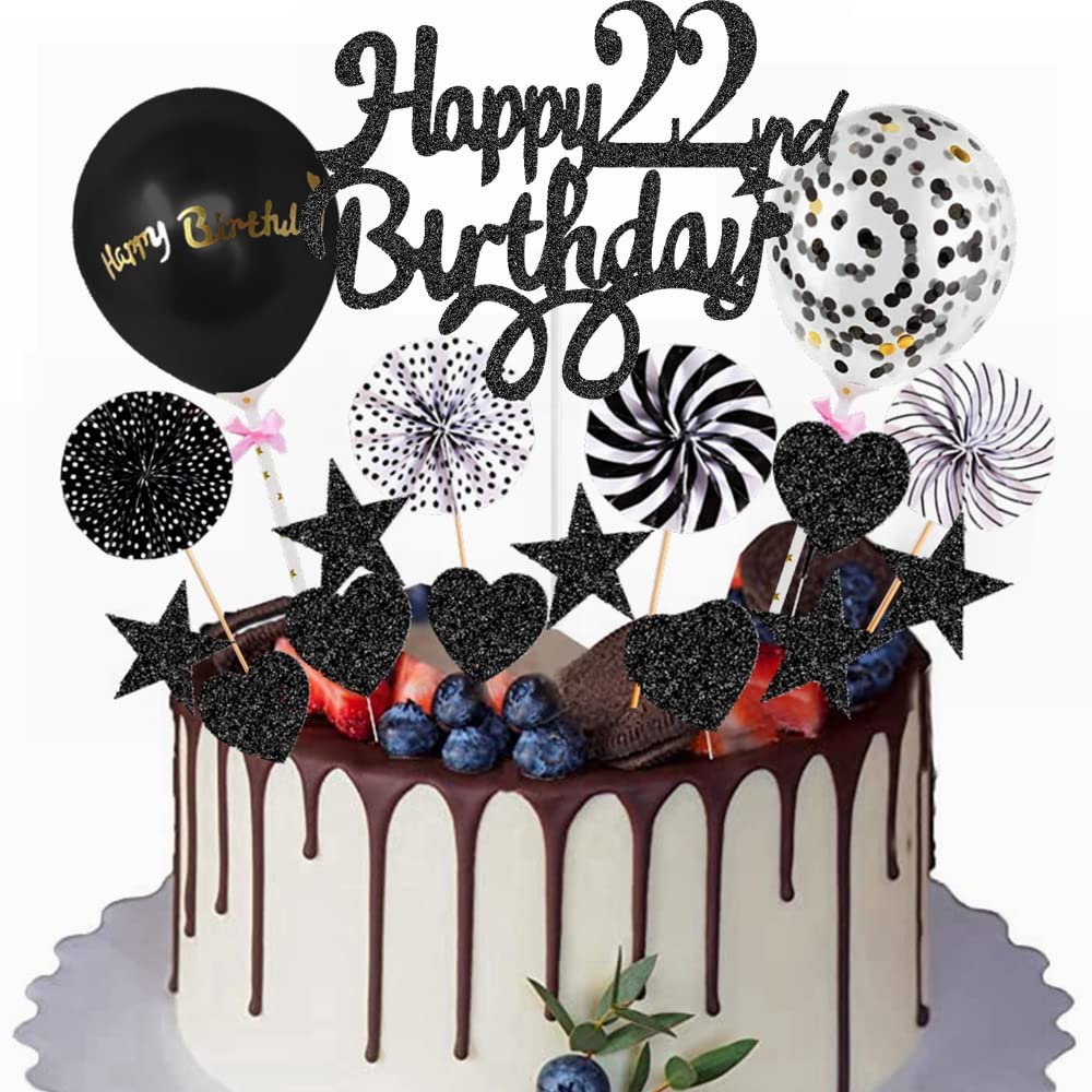 Yunchu Online Happy 22th Birthday Tortendeko Schwarz Tortendeko 22 Geburtstag Deko Kuchen Topper 22 jahre Mann Frau Kuchendeko