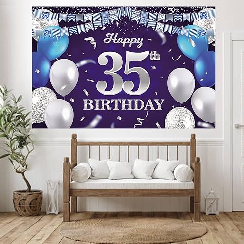Vista 333 de Cartel de feliz cumpleaños número 31, globos azul marino, bandera de confeti a rayas, puntos de luz, saludos a 31 años, decoración temática