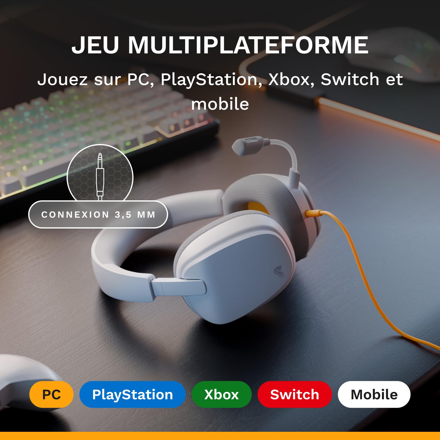 GLORIOUS GHS Eternal - Casque Gaming stéréo pour PC, PS5, PS4, Xbox, Switch. Transducteurs inclinés sur mesures, Micro détachable 3,5 mm Haute-clarté Ajustable. Résistant, Confort Longue durée. Blanc