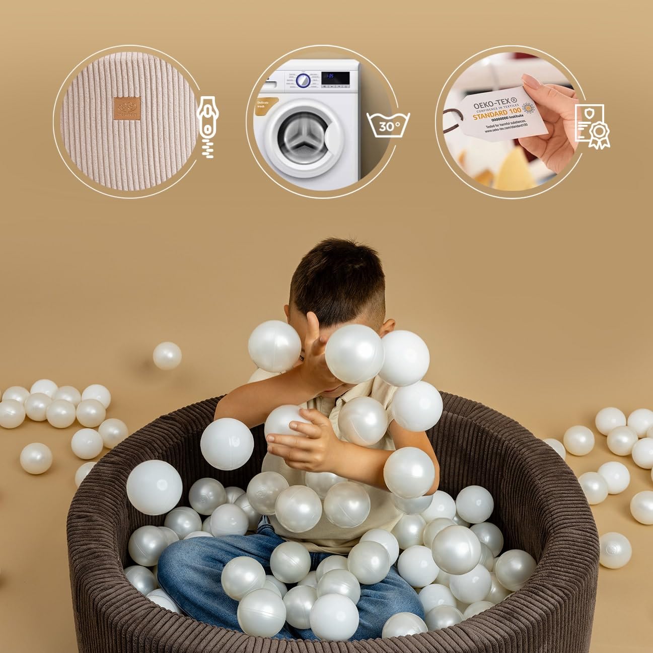 MEOWBABY Piscina di Palline per Bambini - Tondo 90x30cm Piscine con 200 Palline, Corduroy, Ecru: Bianco Perla/Oro/Beige