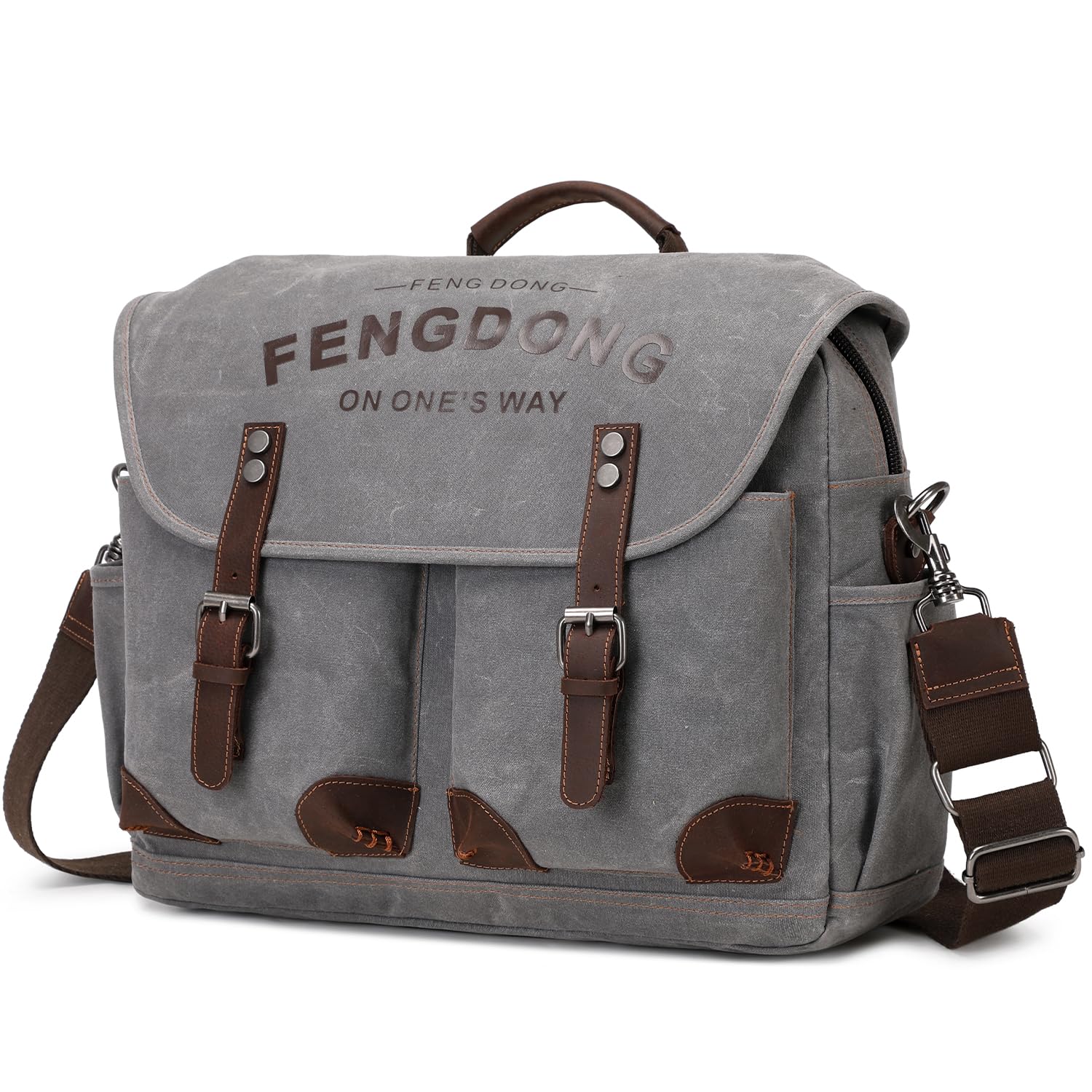 FENGDONG Mens Messenger Bag 15.6 Inch Vintage Waxed Canvas Genuine Leather Briefcase Leather Computer Laptop Bag Rugged Satchel Shoulder Bag Gray