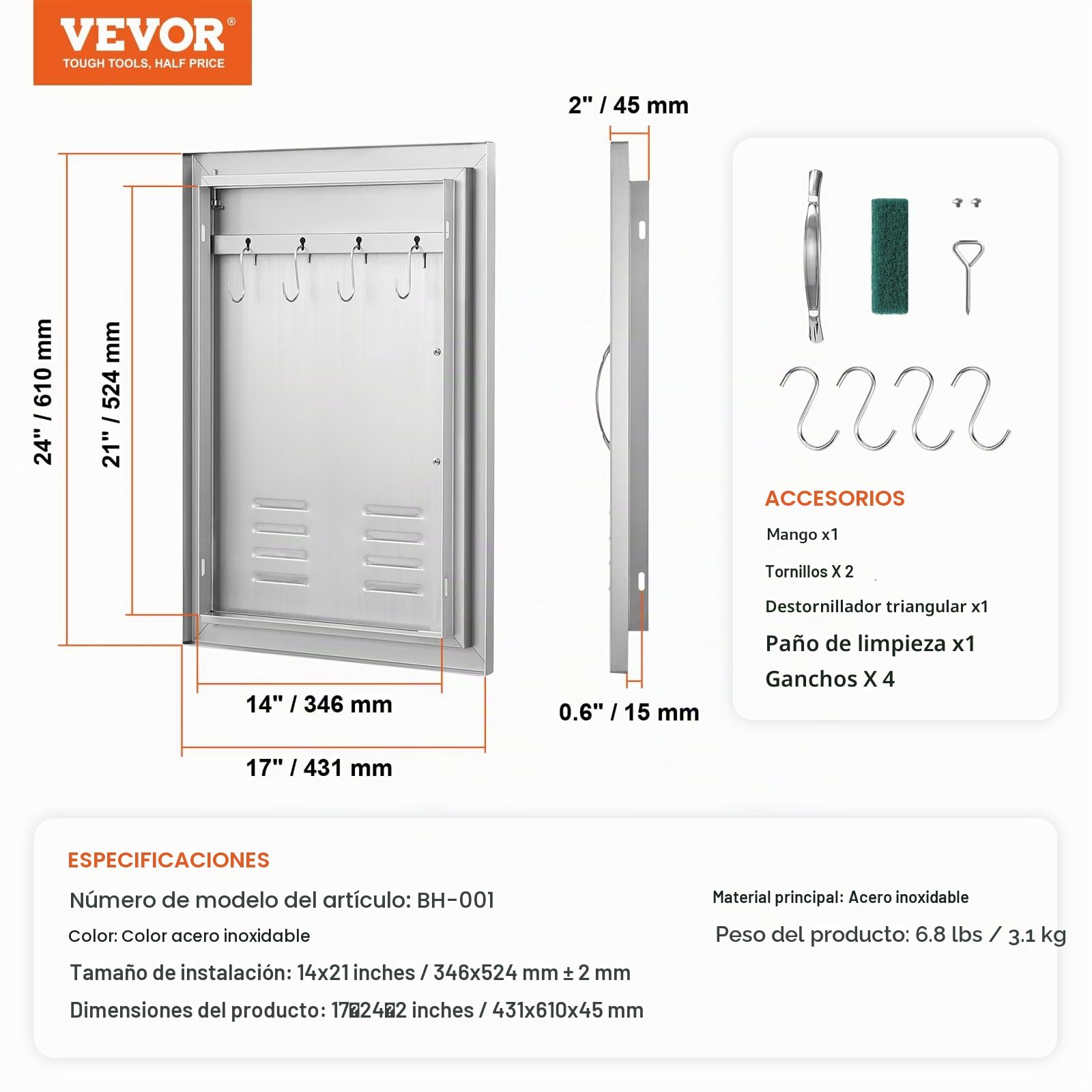 VEVOR - Puerta de acceso para barbacoa y cocina exterior, 610 x 431 x 45 mm, puerta empotrada en acero inoxidable, con asas, ventilaciones y ganchos, para isla de barbacoa, estación de