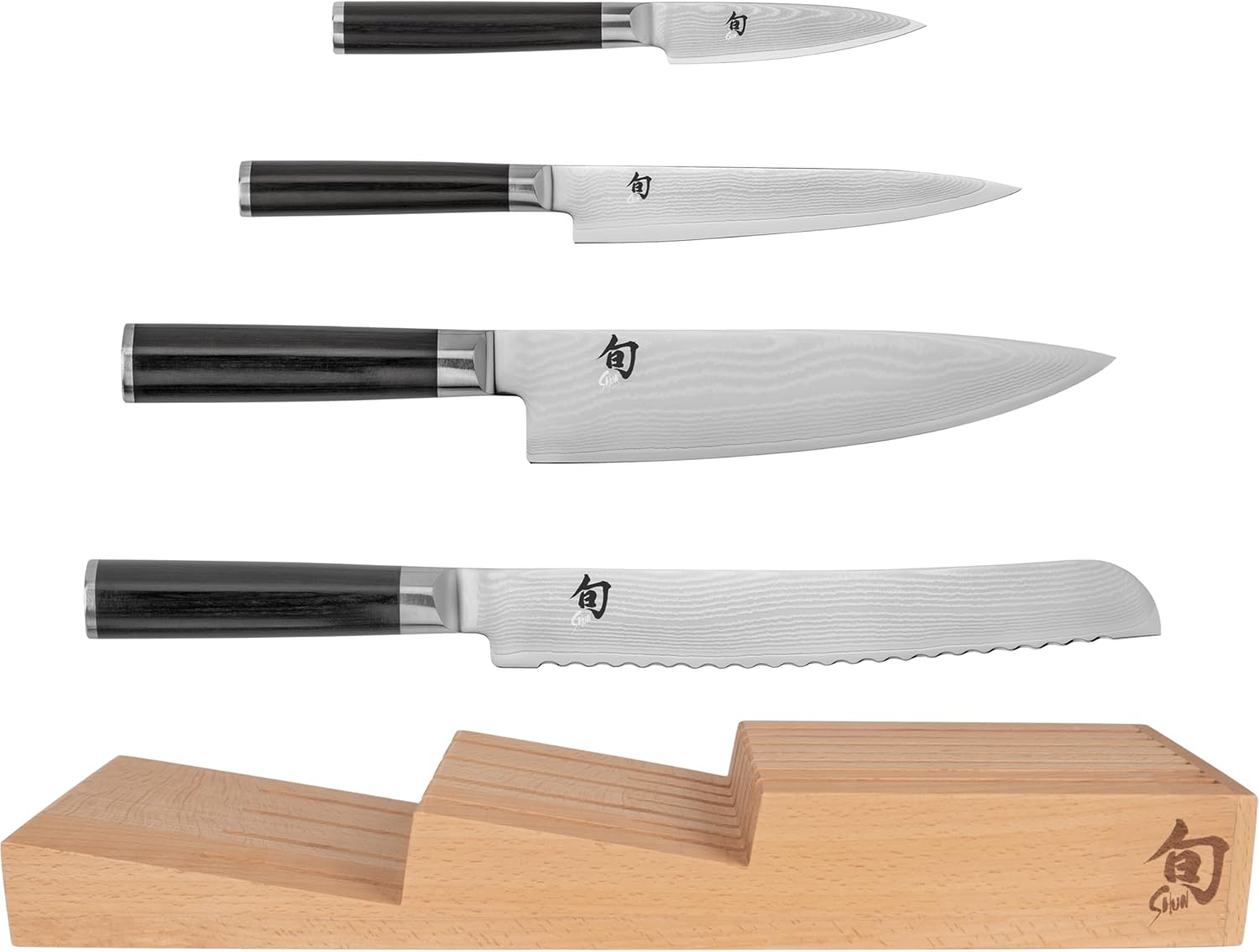 Shun Classic 5 Piece In-Drawer Set, Includes 8" Chef's Knife, 3.5" Paring Knife, 6" Utility & 9" Bread Knife, Handcrafted Japanese Set, Damascus Stainless Steel Cladding, Pakkawood Handle