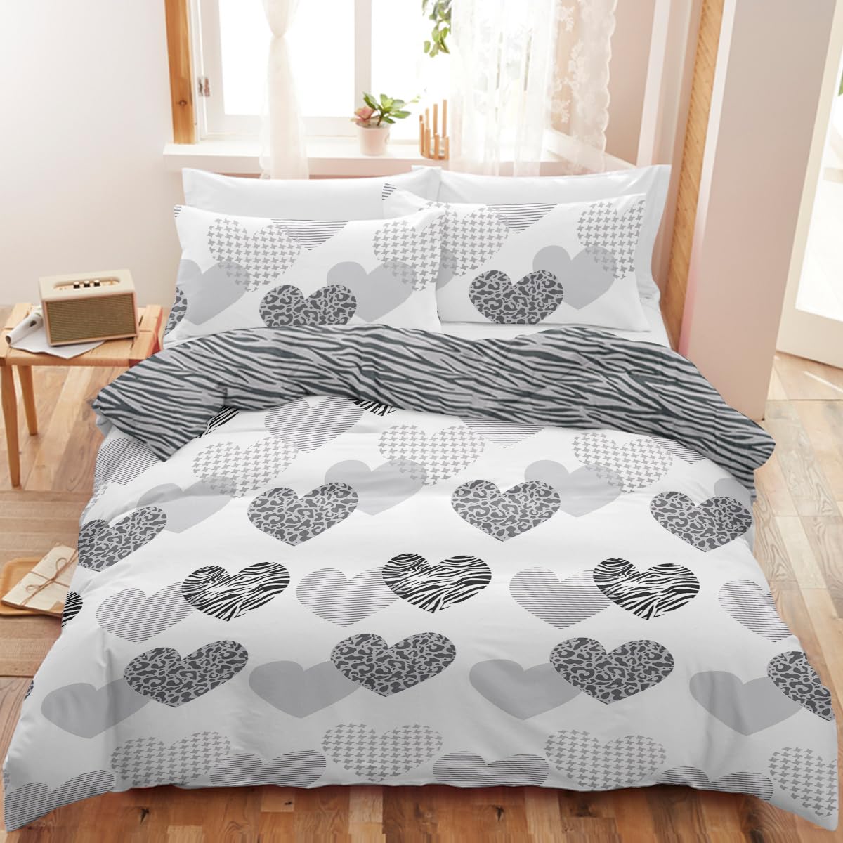 Housse de couette 240x220 bicolore blanche et grise en microfibre pour lit double avec taies