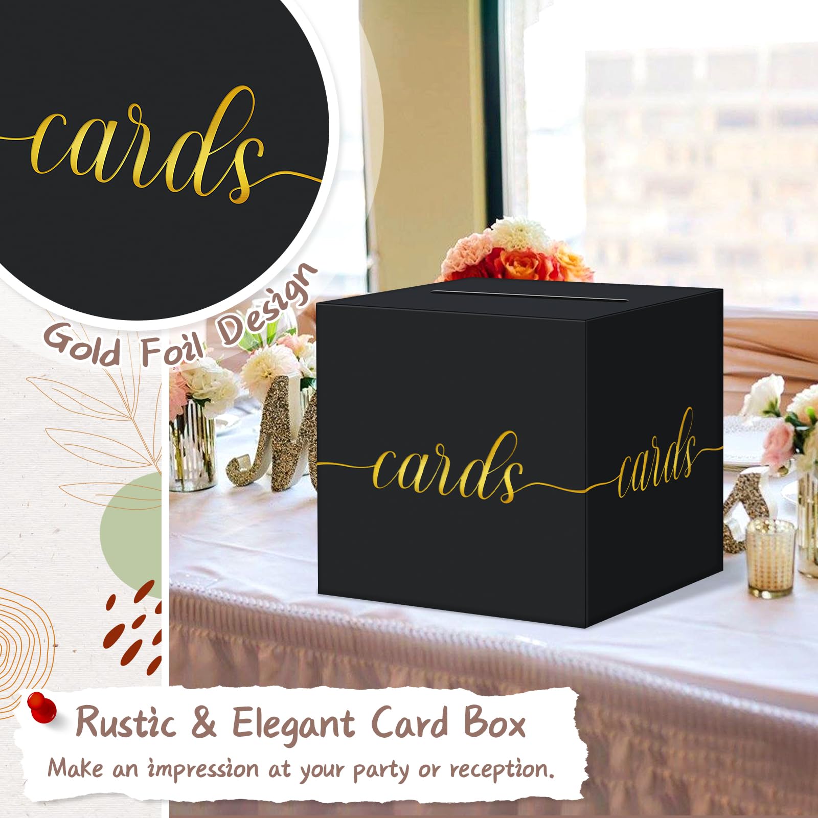 QIKSION Black Graduation Card Box, Gold Foil Gift Card Box for Party Decorations, Wedding Reception, Birthday, Baby & Bridal Shower, Anniversary, Retirement