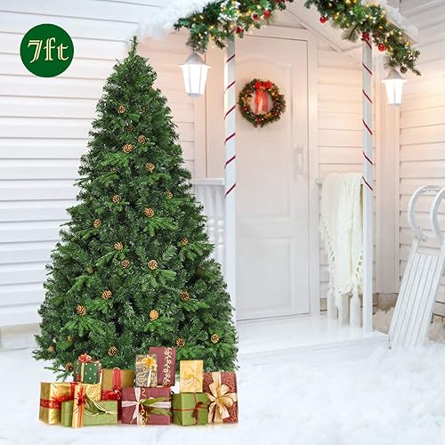 Miniatura 84 de GOFLAME Árbol de Navidad artificial preiluminado de 8 pies con luces LED blancas cálidas y conos de pino, decoración navideña para el hogar