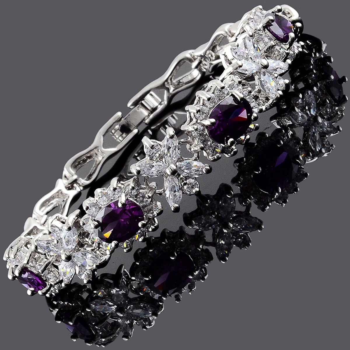 RIZILIA BLOSSOM Tennis Bracelet & Oval Cut CZ [4 Colors available] in White Gold Plated, 7" - Image 3