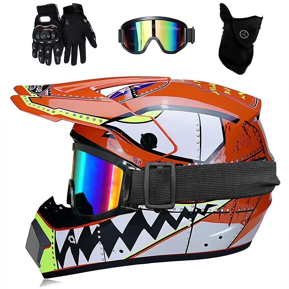 Unisex Motocross Helmet, Youth Kid Full-Face MTB Off Road Street ATV Motorbike Helmet, Downhill BMX Enduro Quad Dirt Bike Crash Helmet Protective Gear, with Goggles Gloves Mask ( Color : Orange , Size