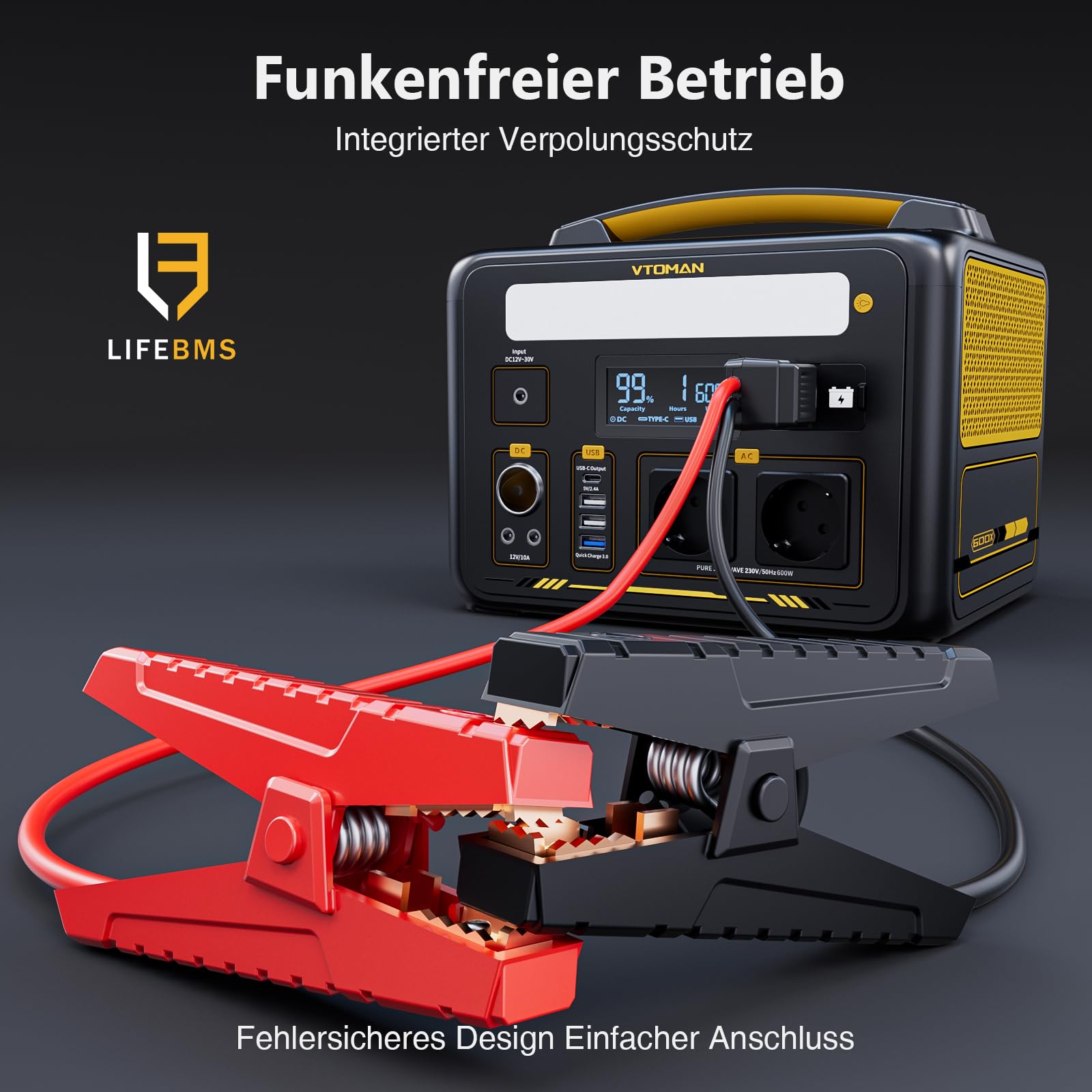 VTOMAN Jump 600X Tragbare Powerstation 600W mit Überbrückungskabel | 299Wh Solar Generator LiFePO4 Akku Stromgenerator Mobile Stromspeicher, Erweiterbare Kapazität für Camping Notfall