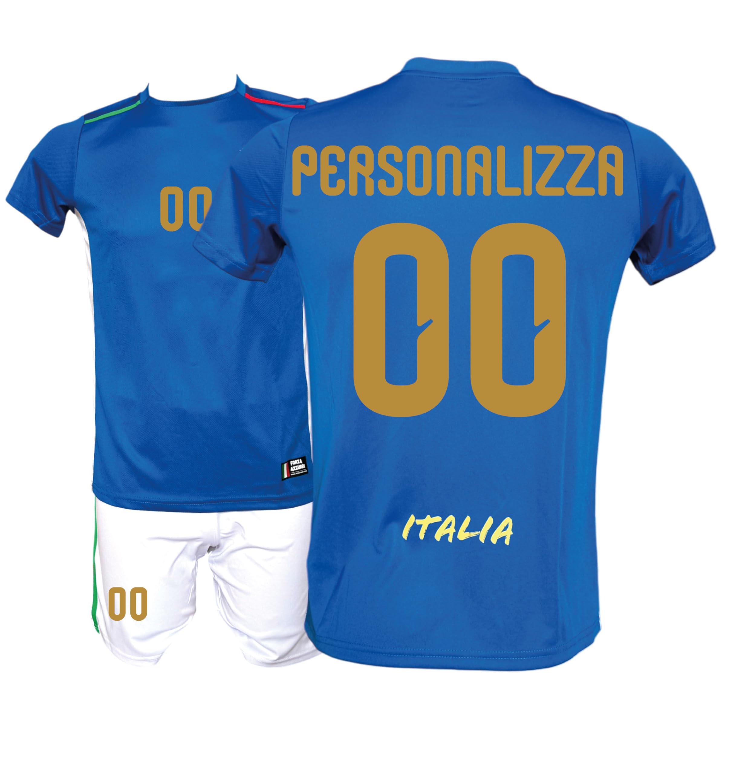 Generico Kit Maglia Italia Calcio da Personalizzare e Pantaloncino, Blu con Stampe in Oro, Replica Maglietta Nazionale Italiana, Taglie da Bambino