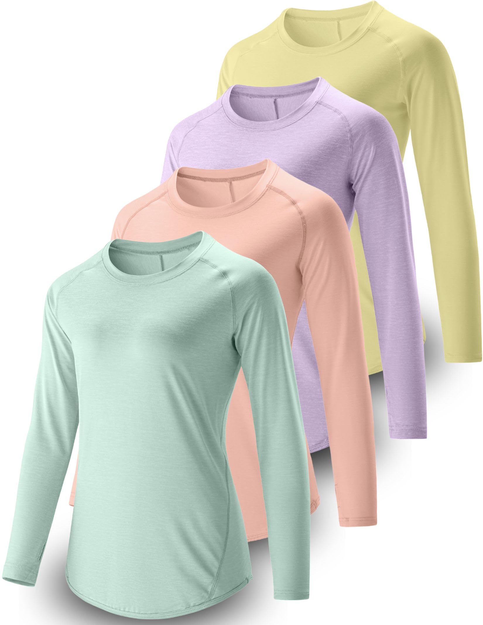 4-Pack: Womens Long Sleeve Athletic Tops with Thumb Holes – Dry Fit Active Crewneck Workout Tees