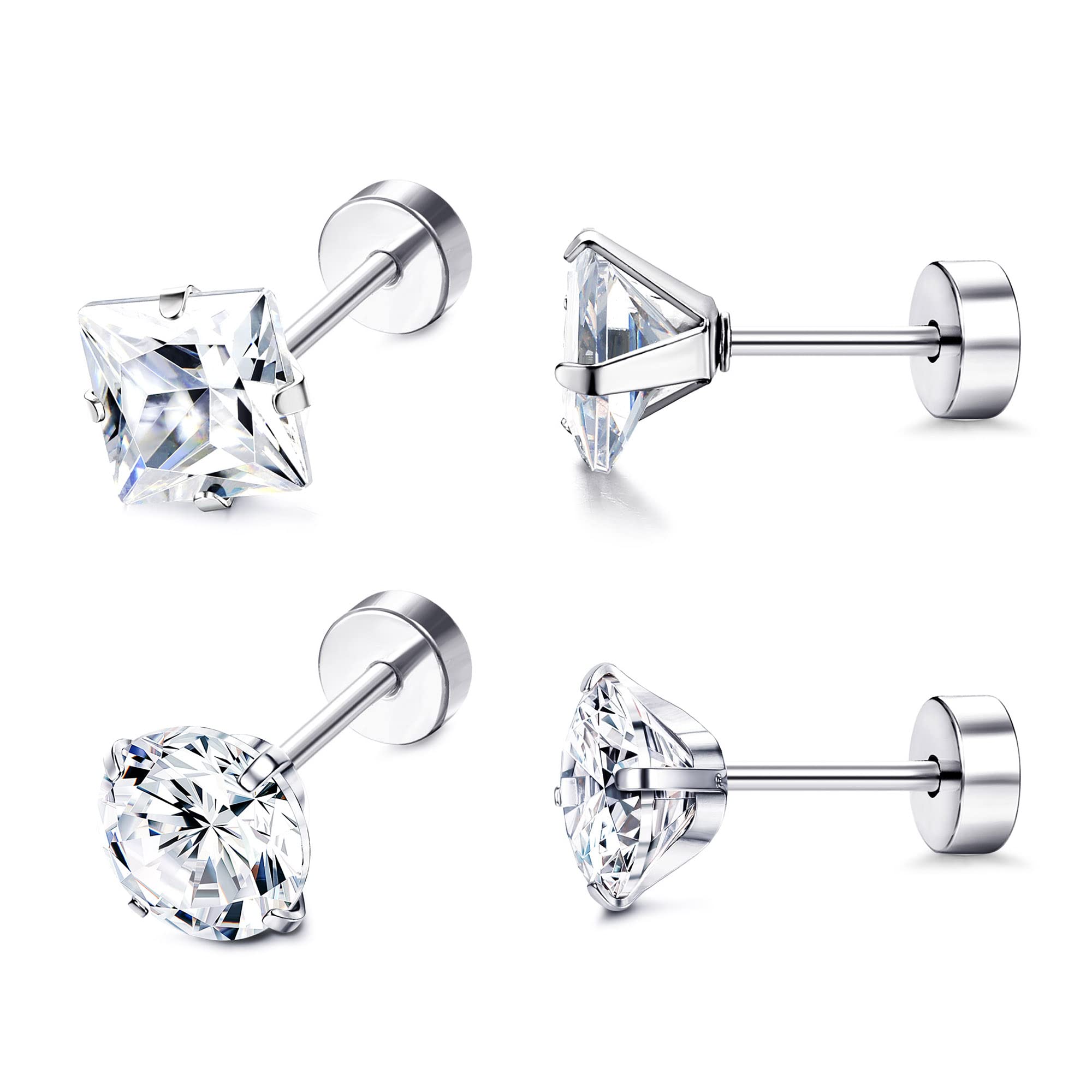 STAINLYTitanium Earrings Studs G23 Titanium Flat Back Earrings for Women Pure Titanium Cartilage Earring Ball Cubic Zirconia Earrings Hypoallergenic 20G