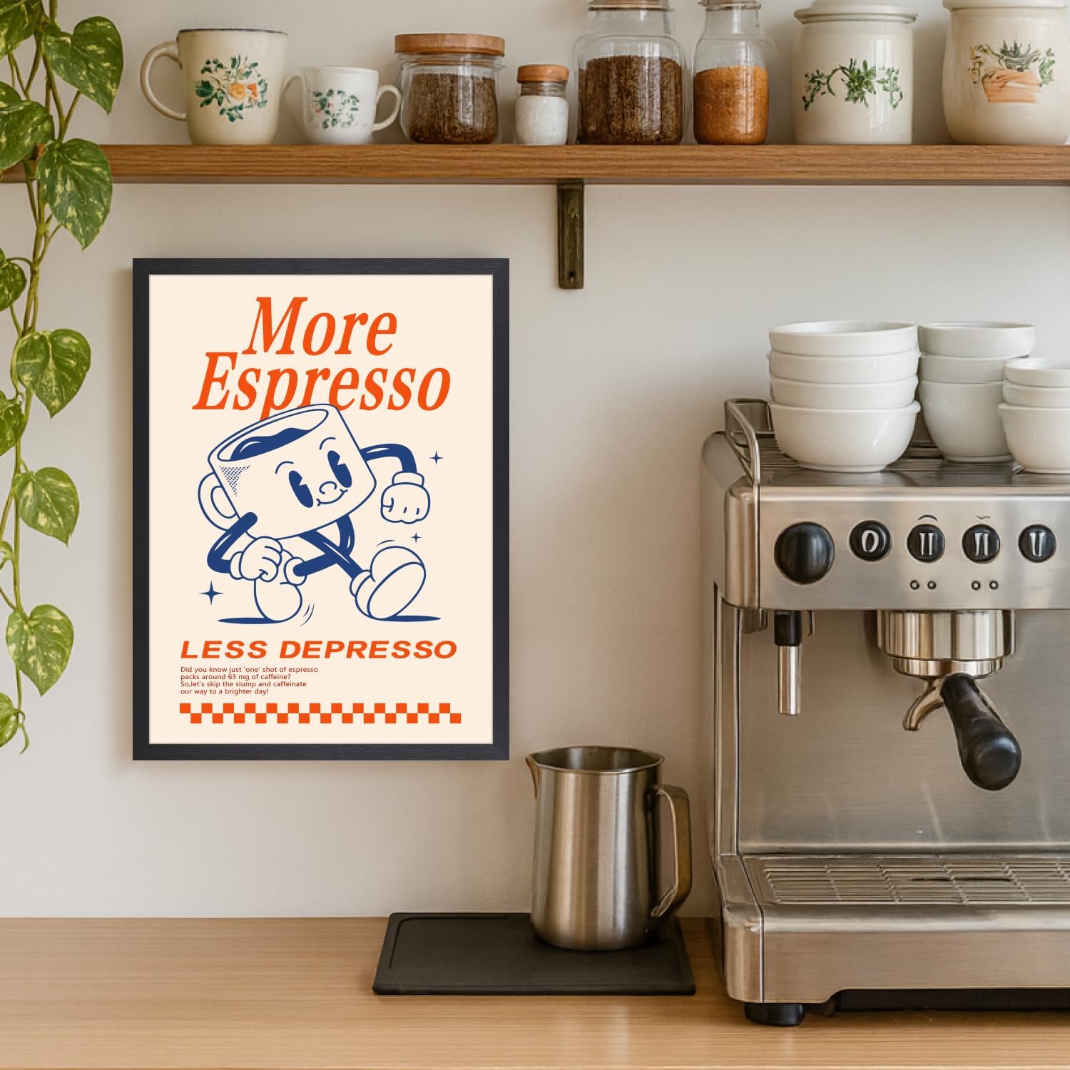 GELDSTEI Wood Framed Cute Coffee Wall Art, More Espresso Less Depresso Wall Decor, Funny Coffee Bar Aesthetic Picture, Vintage Cafe Bar Poster Print, Retro Cafe Cup Canvas Painting for Kitchen 12x16 Inch