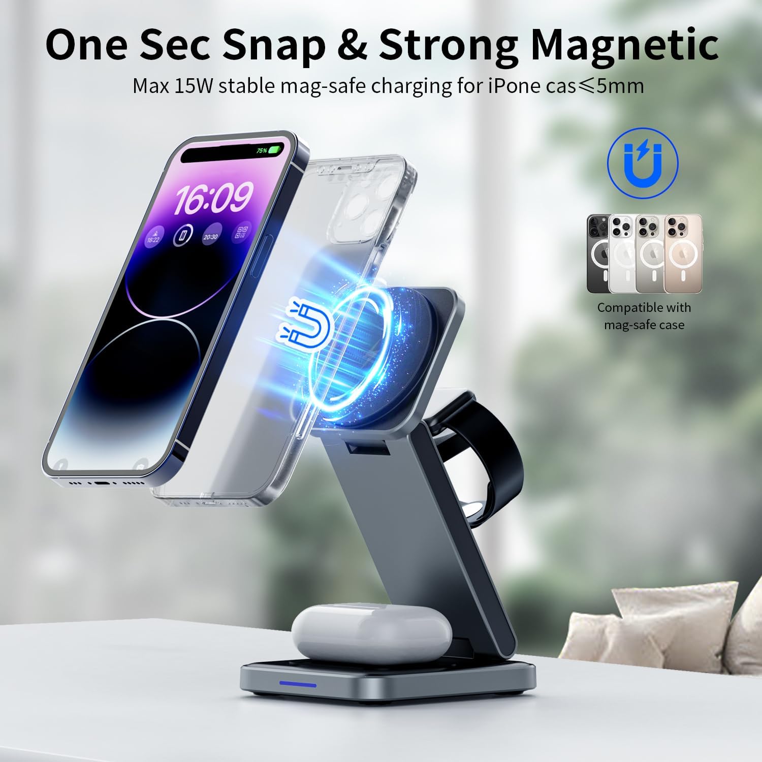 3 in 1 Magnetic Wireless Charger Station for iPhone 17/16/15/14/13/12 Series Mag-Safe Charging Station for Apple Watch Series 11-2/Ultra2/1/SE Foldable Wireless Charger for AirPods 4 3 2 1 Pro