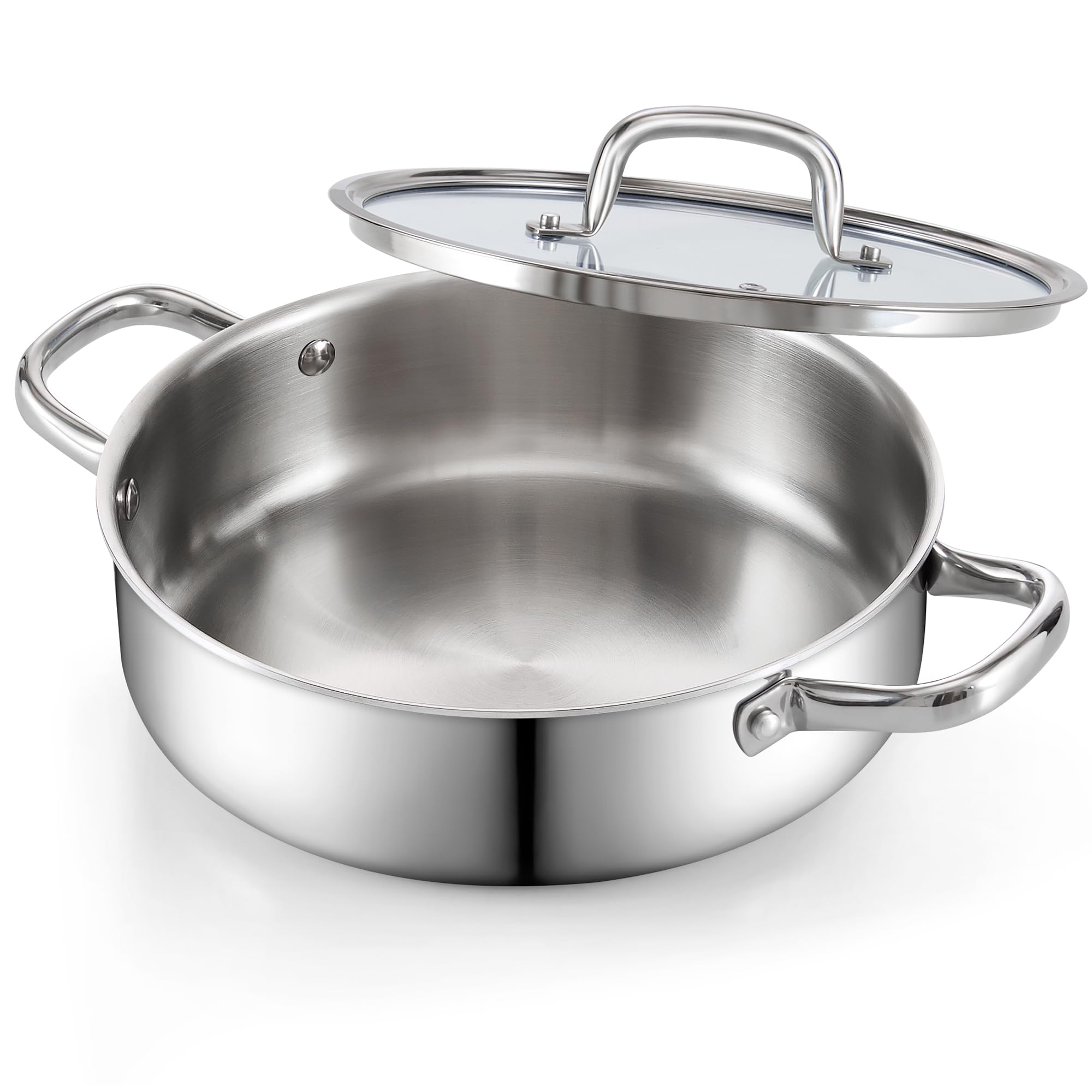 Cook N Home 4 Quart Stainless Steel Saute Pan, 3 Ply Clad Stainless Deep Frying Pan with Lid, 10.5 Inch Induction Skillet Pan, Dishwasher and Oven-Safe, Silve