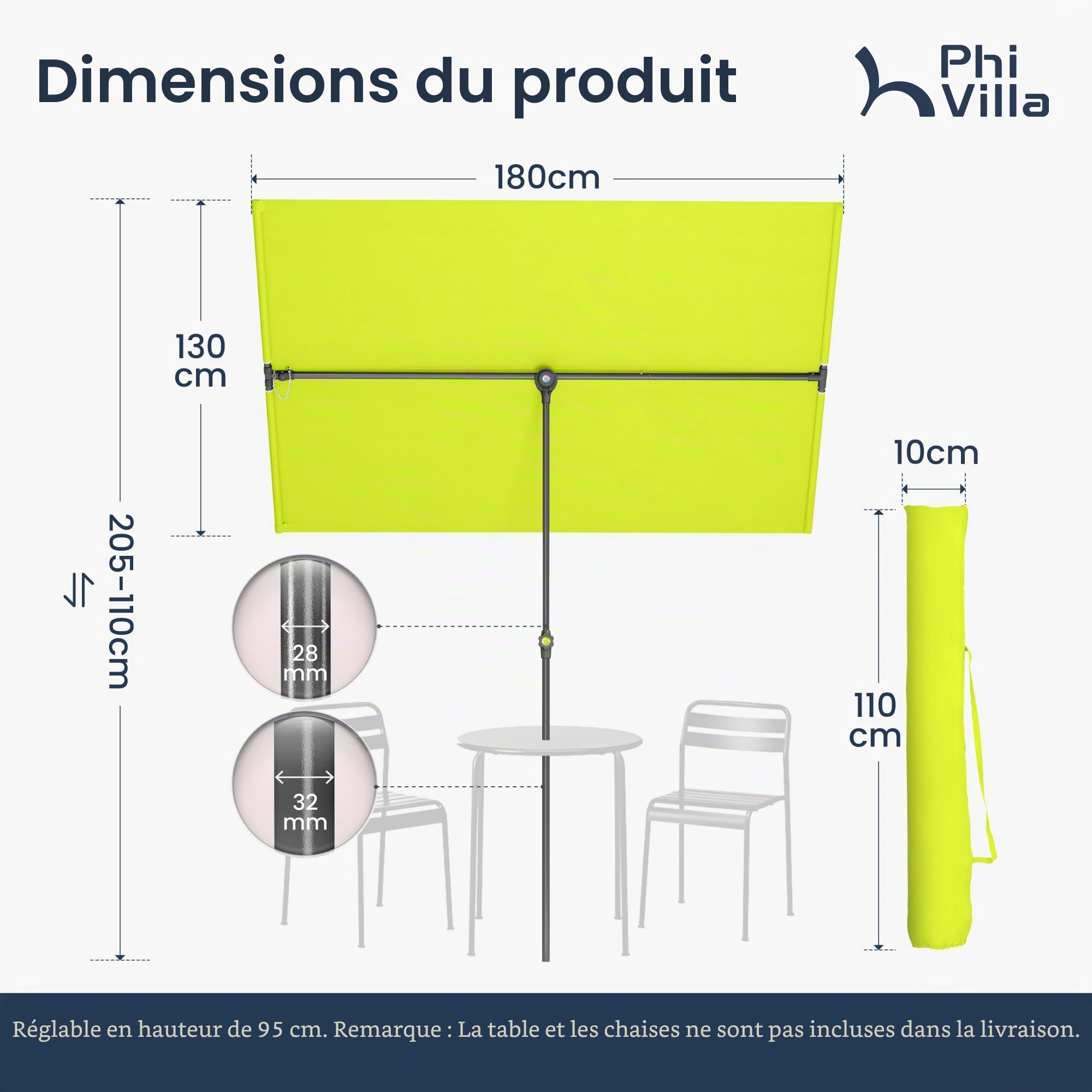PHI VILLA Parasol de balcon rotatif à 360 ° - 180 x 130 cm - Avec housse et pince - En aluminium - Réglable en hauteur - Résistant au vent - Stable à emporter - Protection UV50+ - Pour balcon