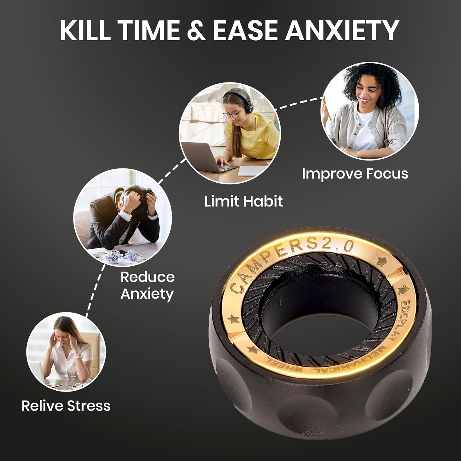 EDC Fidget Toy Mechanical Wheel, Metal Fidget Ring Toy for Adults ADHD & Anxiety Autism Stress Relief Cool Quiet Classroom Toy (Black)