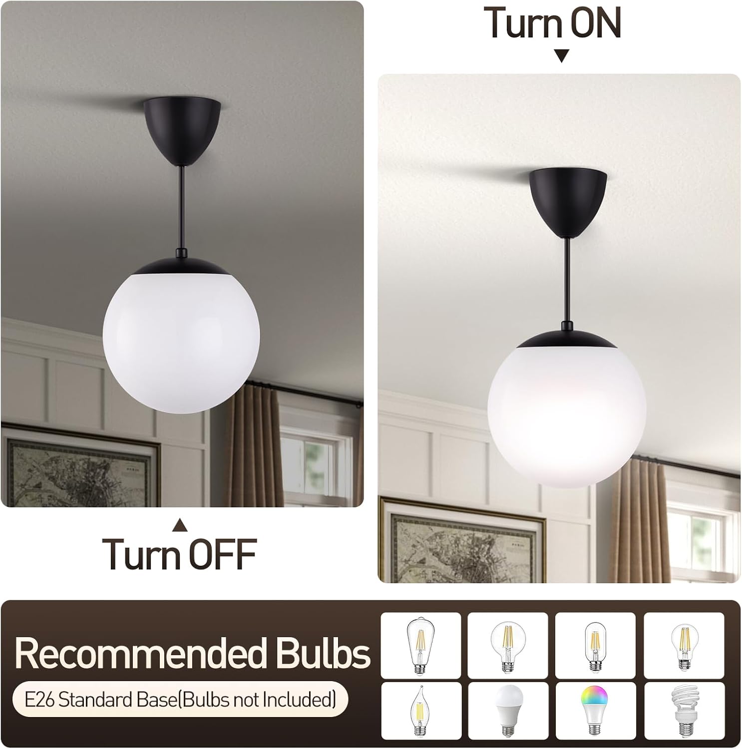 Modern Pendant Light Fixture Pendant Light 1-Light Mid Century Chandelier Large 10” White Globe Glass Shade Black Finished Hanging Light Fixture for Kitchen Island Dinning Room