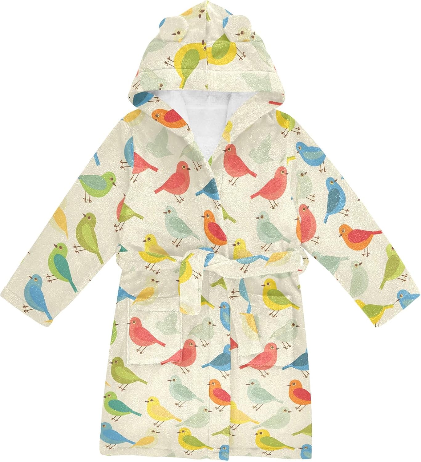 Colored Bird Print Toddler Hooded Bathrobe for Boys Girls Soft Plush Bath Towel Robe 2-12 Years