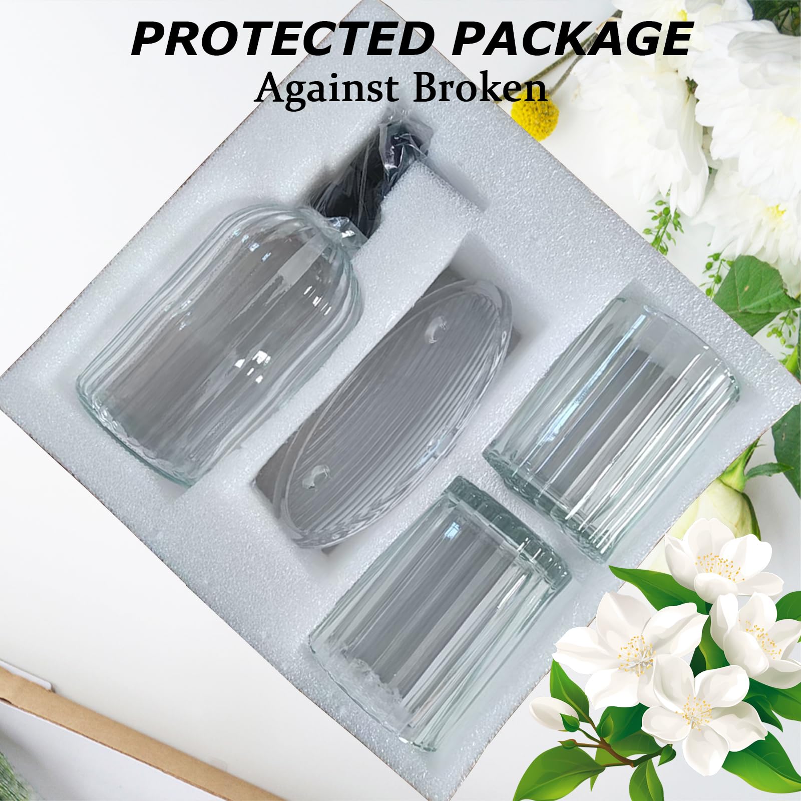 Set di 4 accessori da bagno, accessori da bagno in vetro trasparente, dispenser per sapone, porta spazzolino, tazza e portasapone, set decorativo per bagno, lavandino