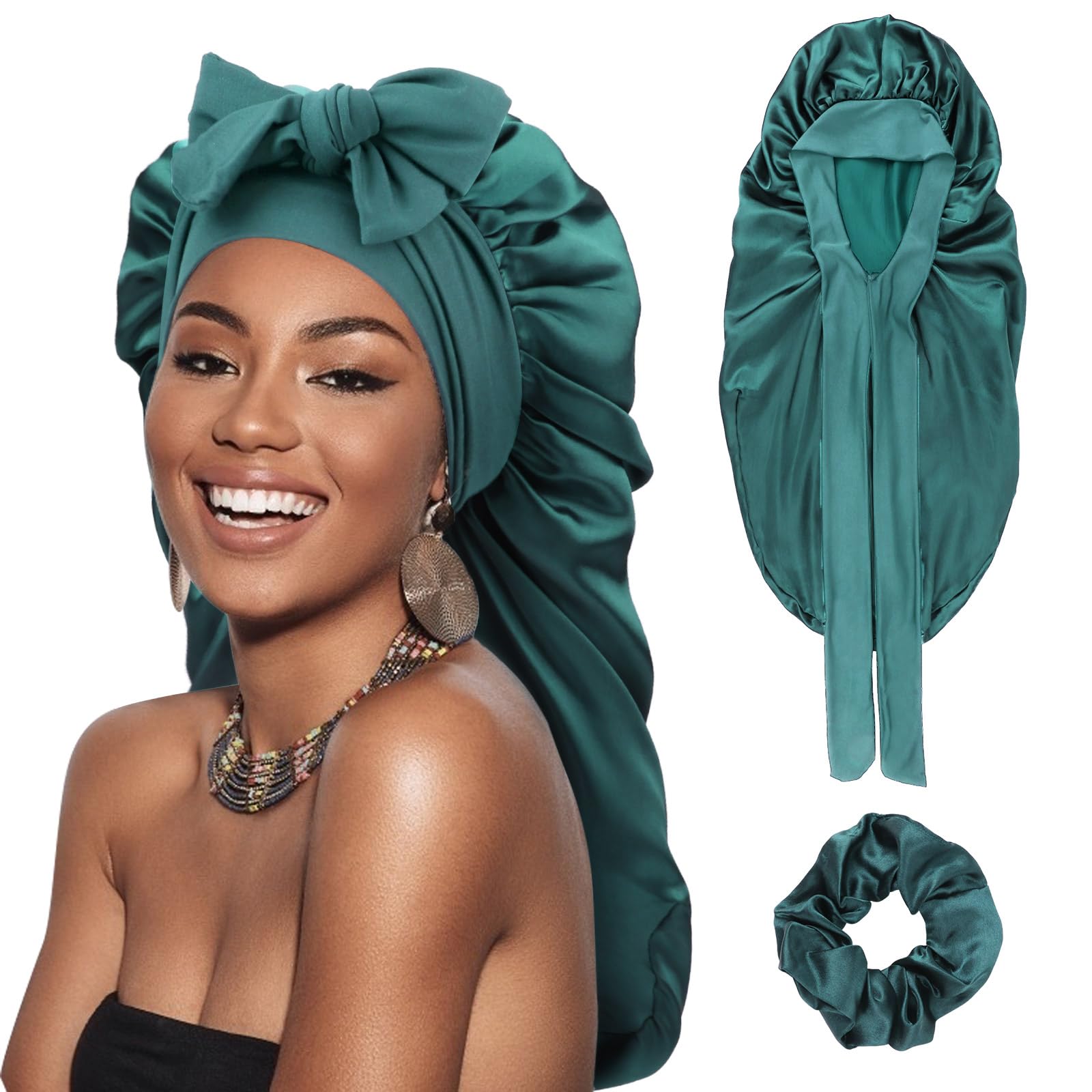 Dreshow Women's 1 Pc Sleep Cap: Green Long Satin Braid Bonnet For Silk Bonnet For Sleeping Sleep Cap With Elastic Tie Band Night Cap For Long Curly Hair Locs
