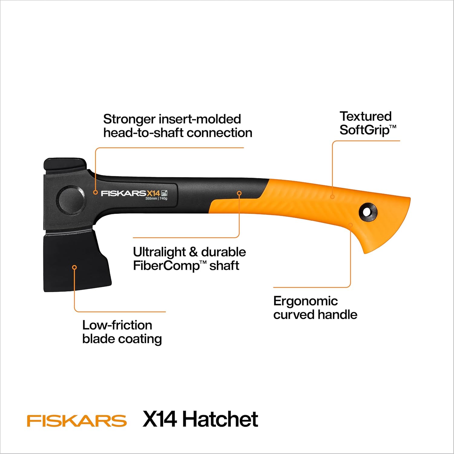 Fiskars X14 Universal Hatchet 14", Forged Steel Blade for Limbing & Chopping Kindling, Ergonomic Curved FiberComp Handle & Low-Friction Coating for Clean Cuts in Fresh Resinous Wood