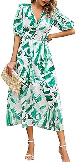 ZPLxi Women's Summer Dress V Neck Boho Floral Print Casual Midi Dress High Waist Short Sleeves Pleated Hem Flowy Dress