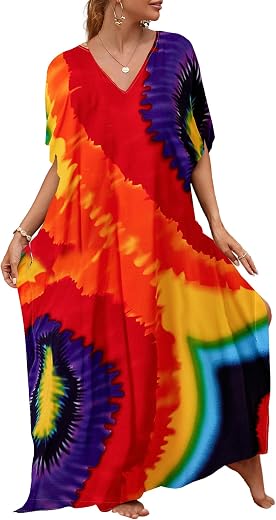 Bsubseach Women Casual Beach Kaftan Dress Short Sleeve Loungewear Caftan Swimsuit Cover Up