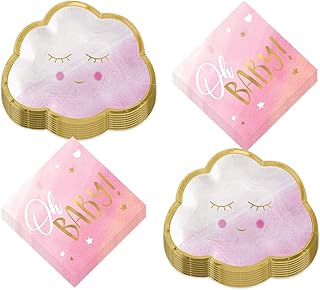 Oh Baby Pink & Metallic Gold Cloud Shaped Paper Dessert Plates and Beverage Napkins (Serves 16)