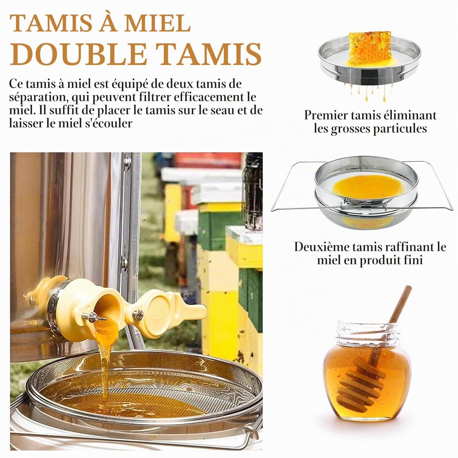 Tamis à miel en acier inoxydable, ensemble double tamis 5 pièces, accessoires pour apiculteur, équipement d'élevage d'abeilles, outil pour apiculteur, pince, fourchette pour décapsulage