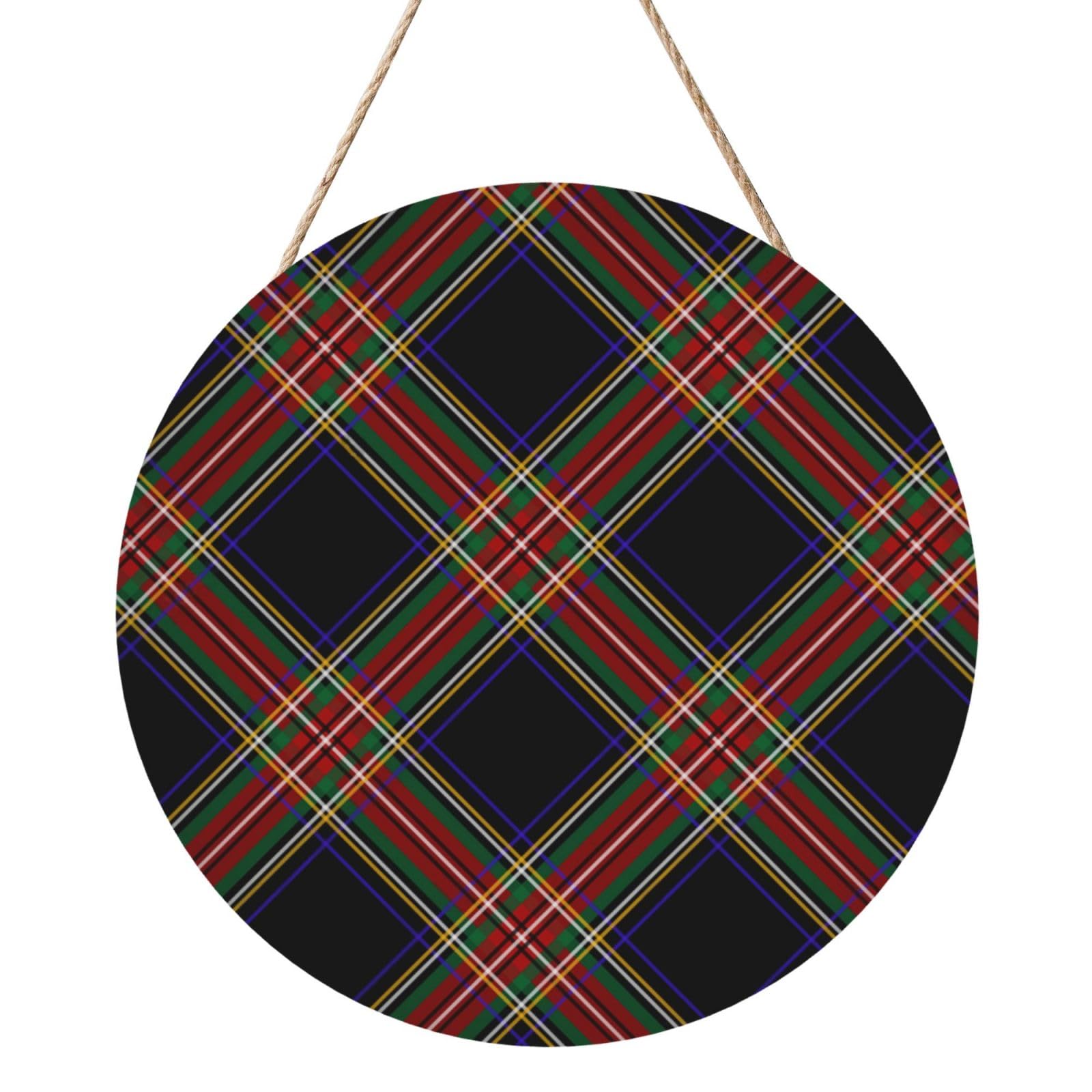 InOmak Modern Black Stewart Tartan, Round Wood Panel Painting 12 in, Wall Hanging Painting For Home