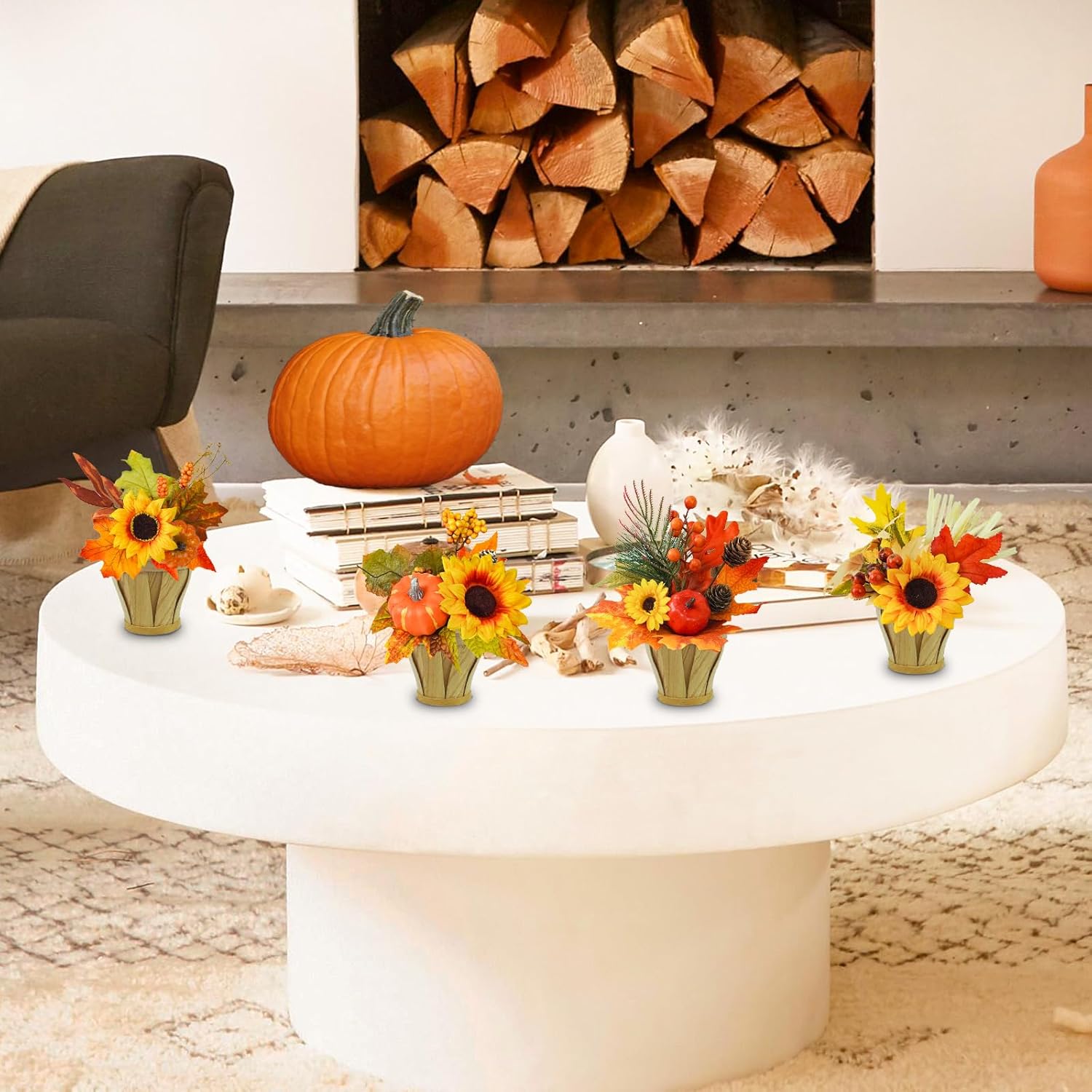 Uieke 8PACK Fall Fake Potted Plants Small Fake Plants Mini Artificial Faux Plants with Wooden Pots for Bathroom Shelf Harvest Wedding Thanksgiving Table Centerpiece Home Office Desk Plant Decor