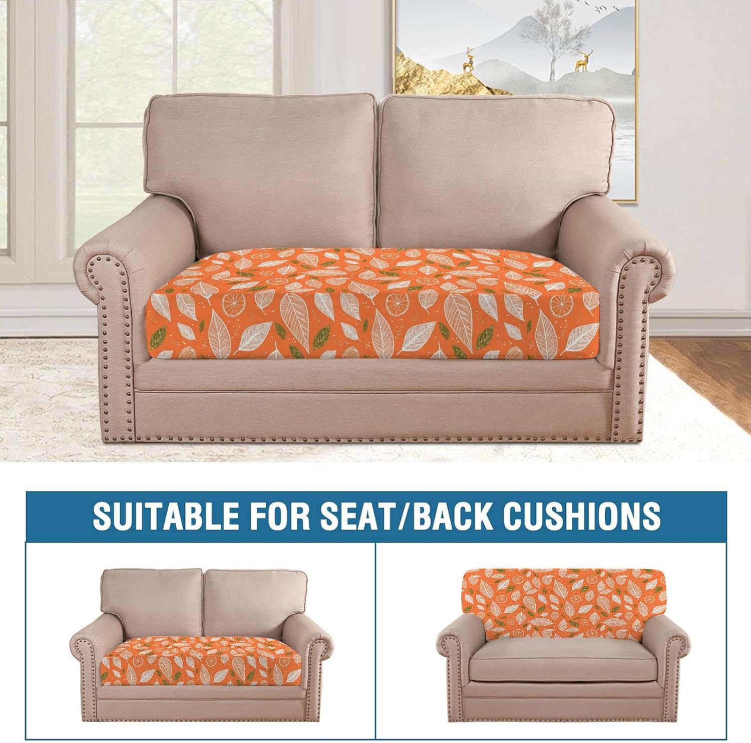 Citrus Leaf Art Orange Loveseat Covers Couch Covers for 2 Cushion Couch, 2-Piece Stretch Sofa Slipcovers Anti-Slip Washable Furniture Protectors for Dogs Pets