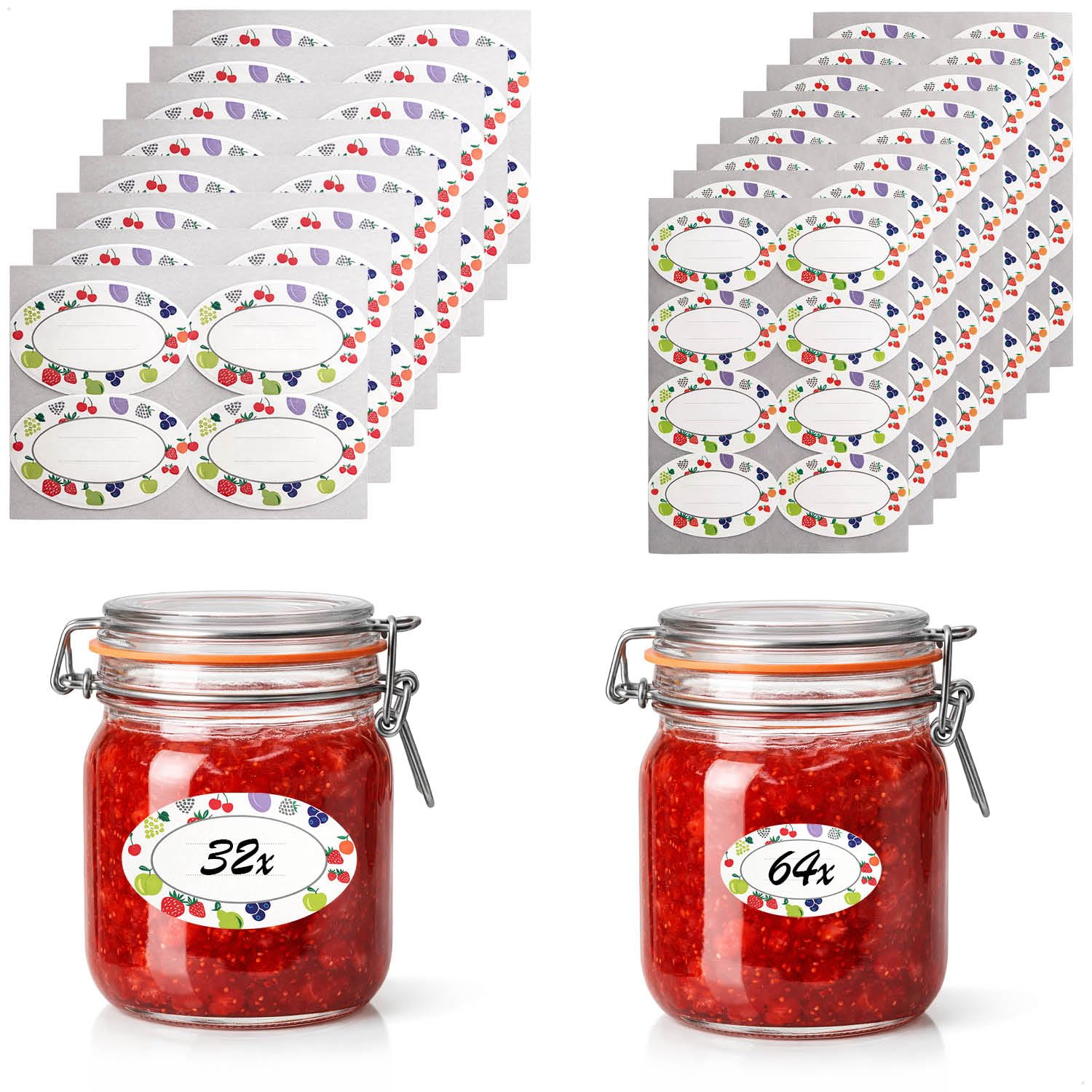 com-four® 96 jam Labels – writable Stickers for Jars – Oval 7 x 4 cm and 5 x 3 cm – self Adhesive with Fruit Designs for Glass Jars (Colorful Glass Labels - 96 Pieces)
