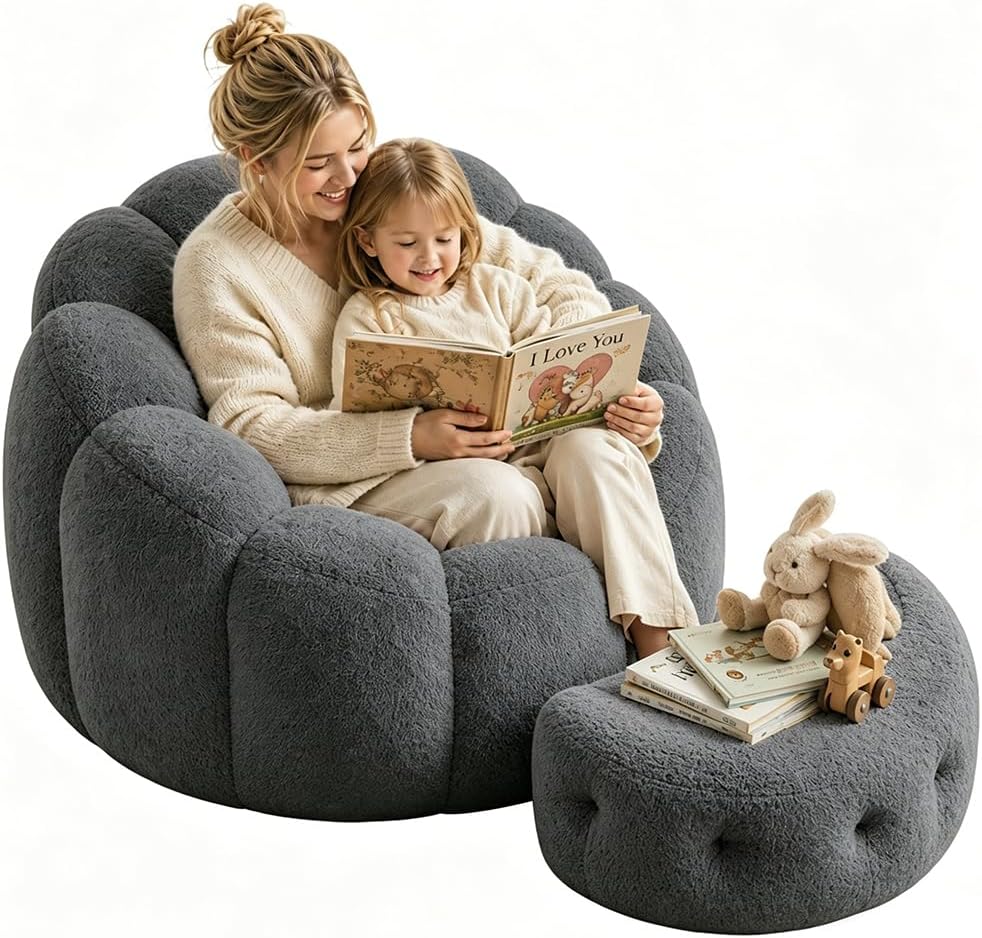 Flower Bean Bag Chair with Ottoman, Comfy Fuax Fur Beanbag for Adults & Teens, Fluffy Plush Floor Lazy Sofa for Bedroom, Living Room, Reading Nook, Grey